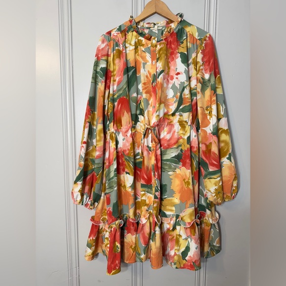 JODIFL Dresses & Skirts - Jodifl Floral Watercolor Blooms‎ Dress Long Sleeves Ruffle Boho Poet Size Large